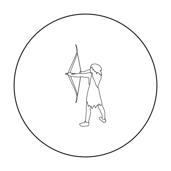 Cavernicolo con arco e freccia icona in stile contorno isolato su sfondo bianco. Illustrazione vettoriale del simbolo dell'età della pietra . — Vettoriale Stock