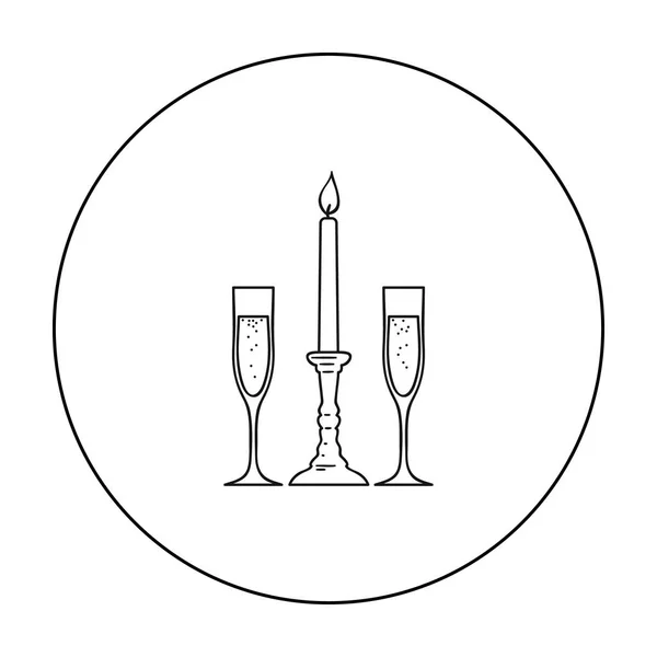 Świeca między kieliszki szampana ikony w stylu konspektu na białym tle. Restauracja symbol Stockowa ilustracja wektorowa. — Wektor stockowy