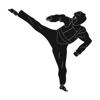 Taekwondo avcı beyaz kimono ve kırmızı koruma sports.active spor tek simge siyah stil vektör simge stok çizimde.