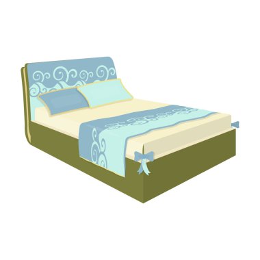 Köşelerdeki bir yay ile beyaz kadın yatağa. Yatak tek kişilik kutsal kişilerin resmi içinde karikatür tarzı vektör simge stok çizim.