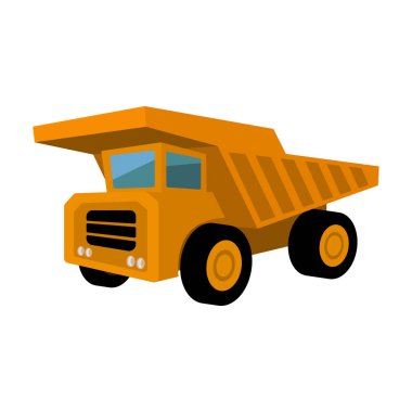 Sarı damperli kamyon siyah jantlar ile. Madene minerallerin taşınması için kullanılan araç. Benim sanayi tek simge karikatür tarzı vektör simge stok çizimde.