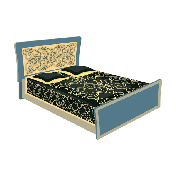 Cama de família azul. Cama com capas pintadas de preto e travesseiro. Ícone único de cama em desenho animado estilo vetor símbolo estoque ilustração . — Vetor de Stock