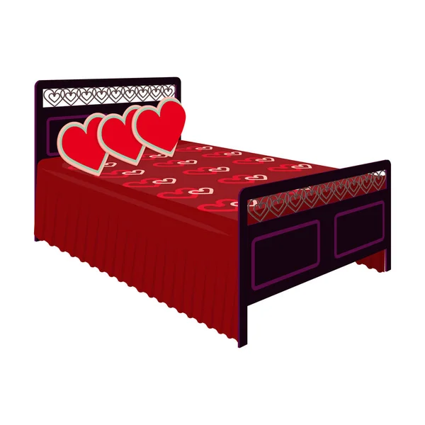 Спальня с деревянной спинкой, кроватью с красным одеялом и подушками в форме сердца. . — стоковый вектор