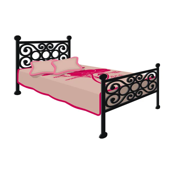 Bed met metalen basis. Bed met roze bed en gesmede terug. Bed enkel pictogram in cartoon stijl vector symbool stock illustratie. — Stockvector