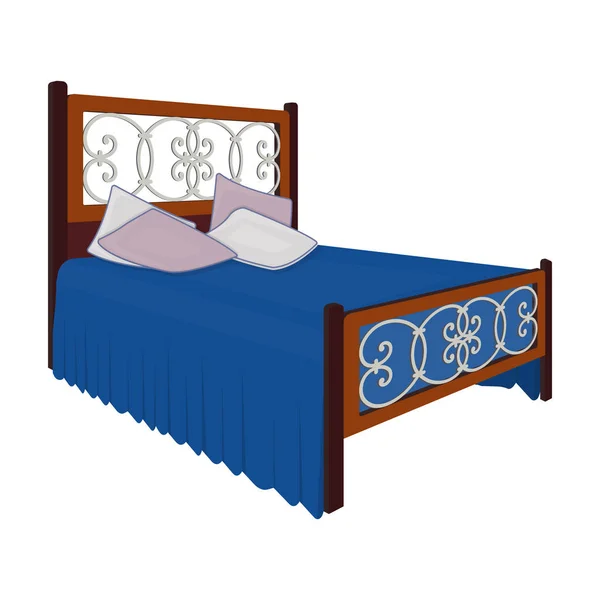 Houten bed voor tiener met graffiti op de achterkant. Bed met blauwe beddengoed. Bed enkel pictogram in cartoon stijl vector symbool stock illustratie. — Stockvector