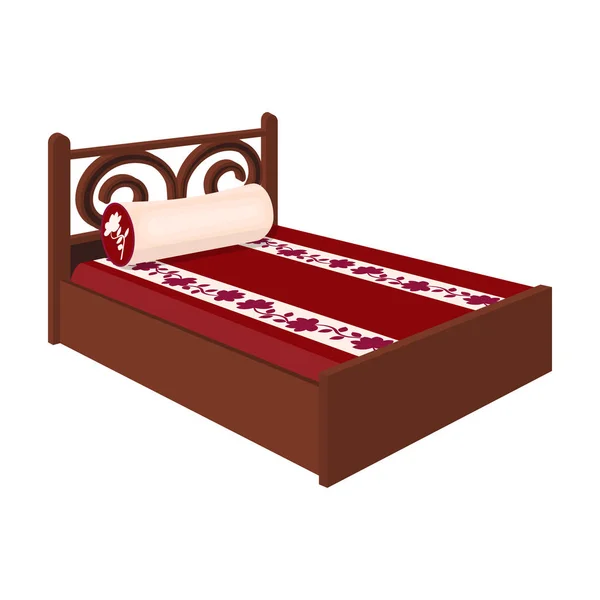 Home bed with cushion in the shape of an oval.Bed with red mattress.Bed single icon in cartoon style vector symbol stock illustration. — Stock Vector