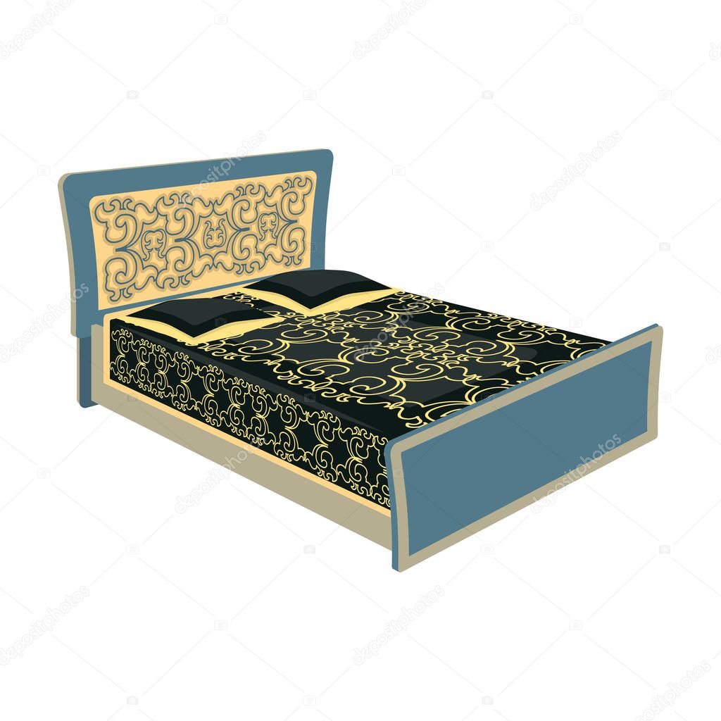 Blue family bed.Bed with black painted covers and pillows.Bed single icon in cartoon style vector symbol stock web illustration.