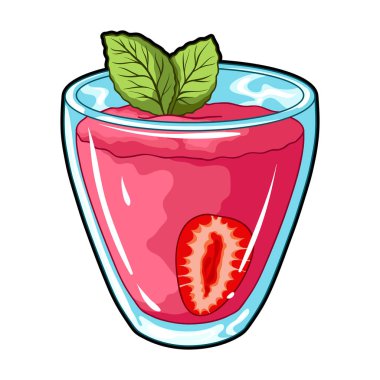 Çilek suyu ve nane yaprakları ile şeffaf kupa. Vejetaryenler için vejetaryen tatlı içki. Vejetaryen yemekleri karikatür tarzı vektör simge stok çizim simgesini tek.