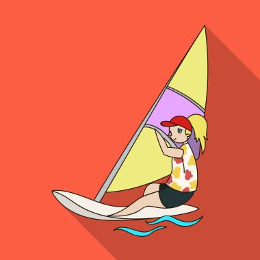 Bir yelkenli tekne üzerinde mayo kız. Denizde yelken katılan sporcu. Olimpik spor simgesi düz stil vektör simge stok çizimde tek.