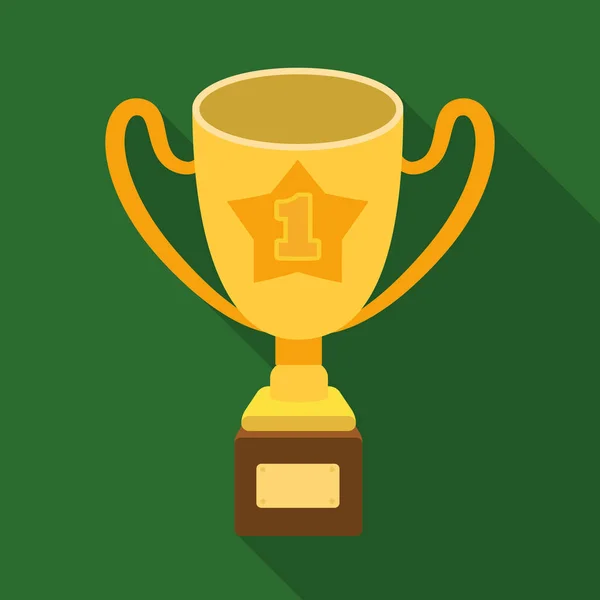Zlatý pohár vítěze na dřevěný stojan s nápisem. Odměna za první místo. Trofeje a ocenění jednoduché ikony v ploché styl vektor symbol skladem ilustrace. — Stockový vektor