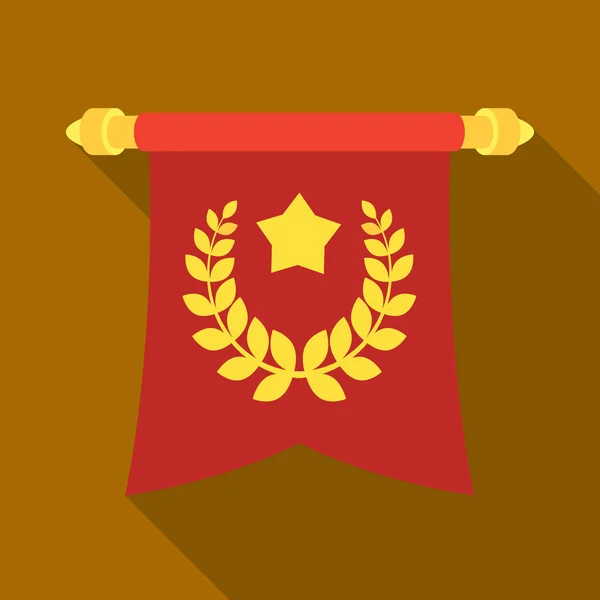 Un drapeau rouge sur un poteau d'or avec l'emblème des premiers olympiques.Prix et trophées icône unique dans le style plat vectoriel symbole illustration stock . — Image vectorielle