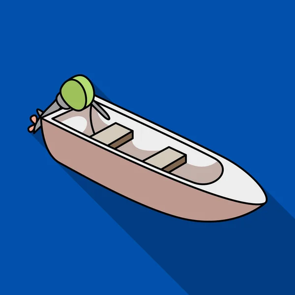Liten metall båt med motor för fiske. Båt för flod eller sjö fiske. Fartyget och vatten transport enda ikon i platt stil vektor symbol stock illustration. — Stock vektor