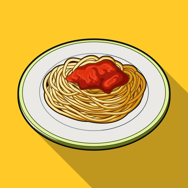 Блюдо, в котором пшеничные спагетти с красным соусом. Основное блюдо вегетарианское. . — стоковый вектор