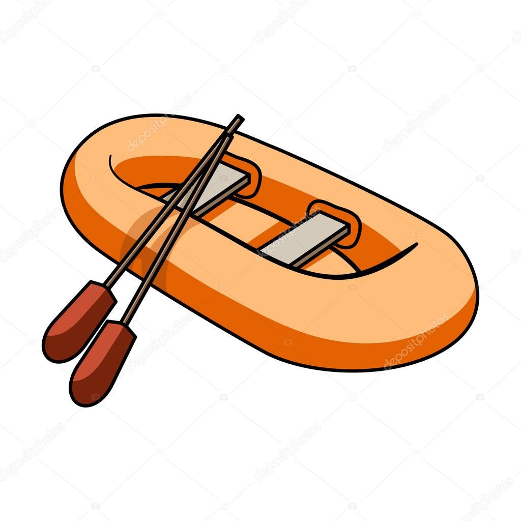 Orange rubber lifeboat.The boat, which weighs on the sides of large boats for the rescue.Ship and water transport single icon in cartoon style vector symbol stock web illustration.