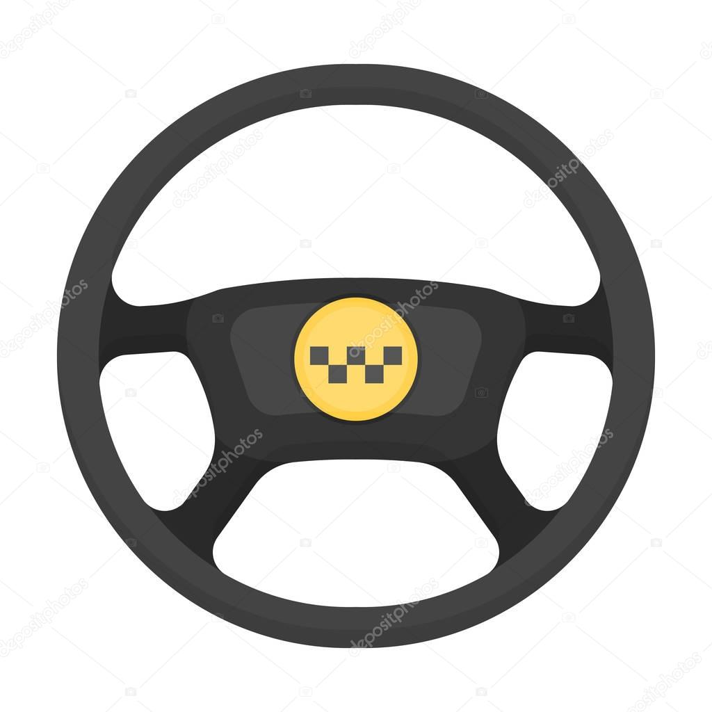 Black wheel with yellow emblem of taxi. The element to control the taxi car.Taxi station single icon in cartoon style vector symbol stock illustration.