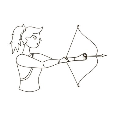 Bir kız profilinde standları ve yay tutar. Bir yay bir hedefe ateş. Olimpik spor anahat stili vektör simge stok çizim simgesini tek.