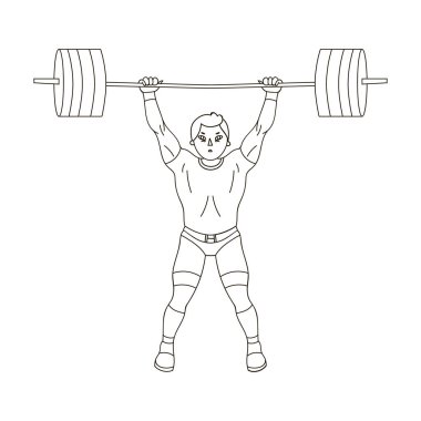 Güçlü halterci salonunda çıtayı yükseltiyor. Atlet büyük bir ağırlık kaldırıyor. Olimpik spor anahat stili vektör simge stok çizim simgesini tek.