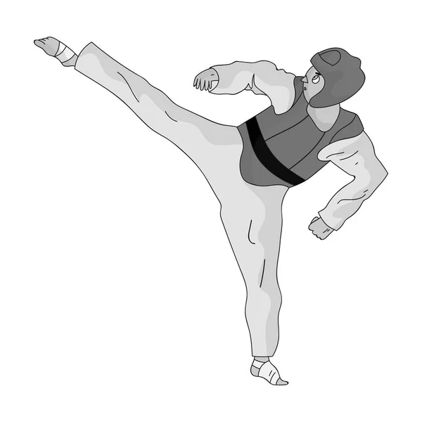 Taekwondo fighter i vit kimono och red skydd sport. Olympic sports enda ikonen i svartvit stil vektor symbol stock illustration. — Stock vektor