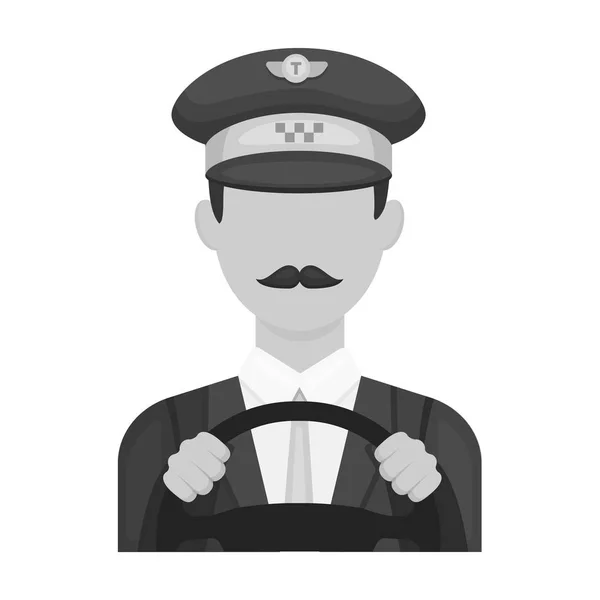 Taxichauffeur dragen van een cap. Man is een taxi-auto rijden. Taxi station één pictogram in zwart-wit stijl vector symbool stock illustratie. — Stockvector