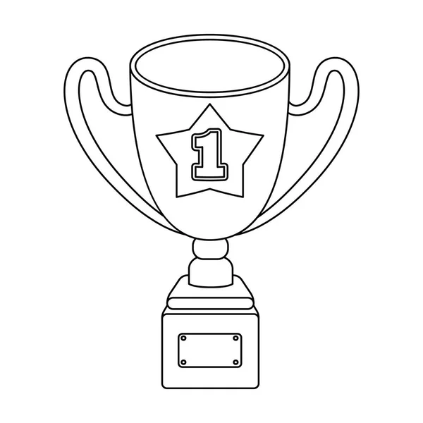 Copa de oro del ganador en un soporte de madera con la inscripción.La recompensa por el primer lugar.Premios y trofeos icono único en el estilo de esquema símbolo vectorial stock illustration . — Vector de stock