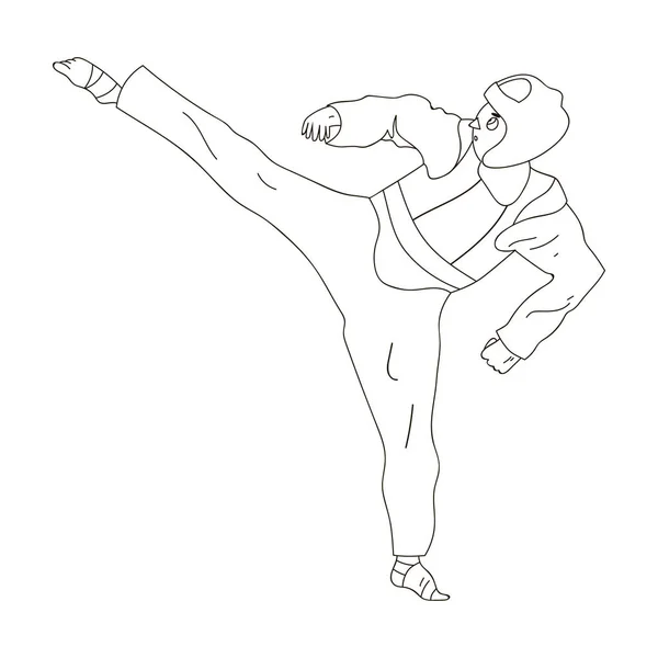 Taekwondo luchador en blanco kimono y deportes de protección roja. Deportes olímpicos icono único en el estilo de contorno símbolo vectorial stock illustration . — Vector de stock