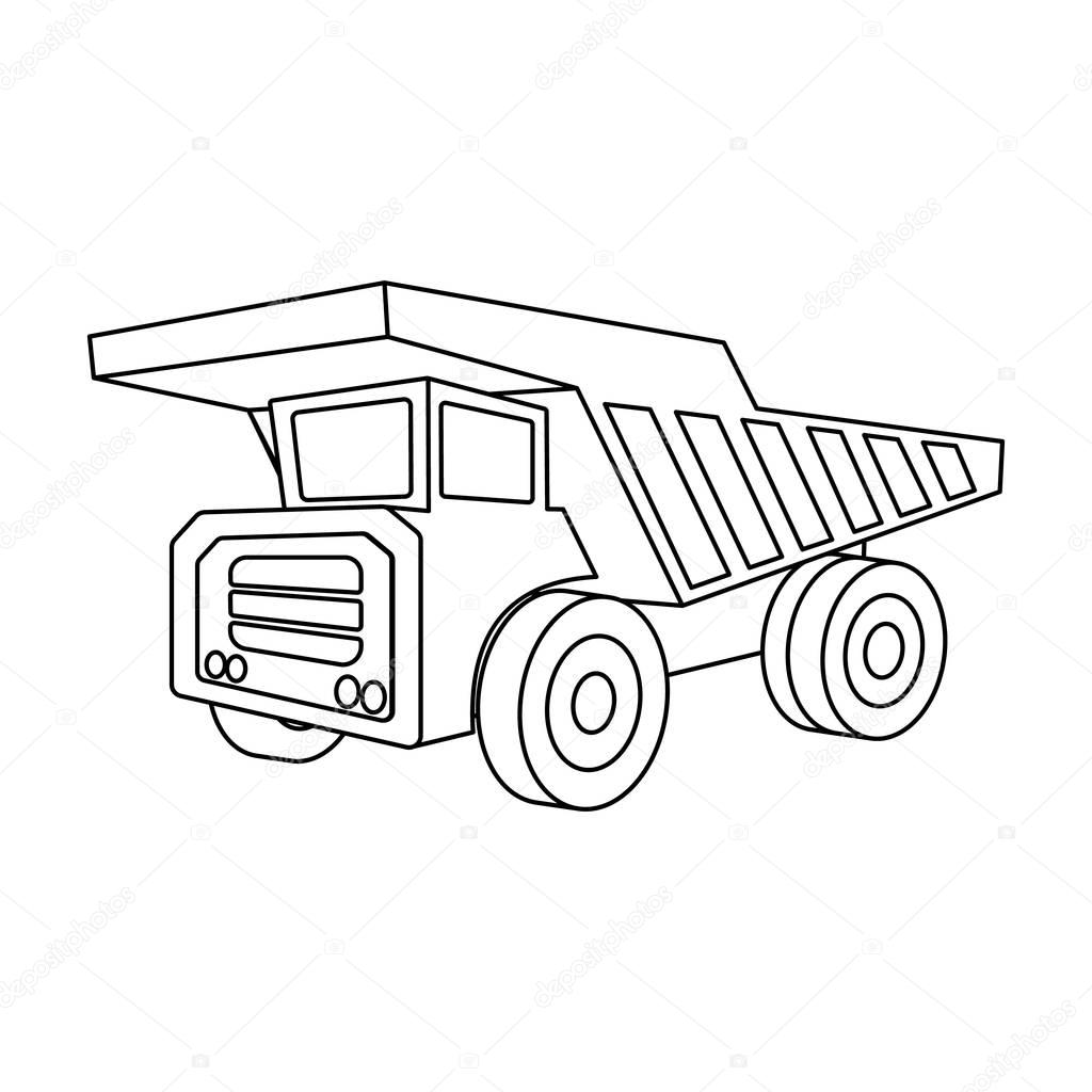 Yellow dump truck with black wheels.The vehicle used for transportation of minerals at the mine.Mine Industry single icon in outline style vector symbol stock web illustration.