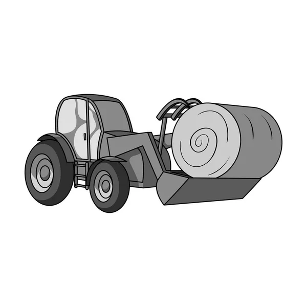 Orange traktor med en slev som transporterar höbalen. Jordbruksfordon. Jordbruks maskineri enda ikon i svartvit stil vektor symbol stock illustration. — Stock vektor