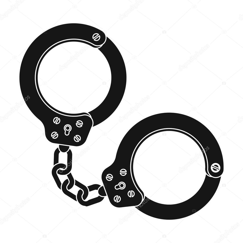 Metal handcuffs for detaining criminals. Outfit of a policeman.Prison single icon in black style vector symbol stock web illustration.