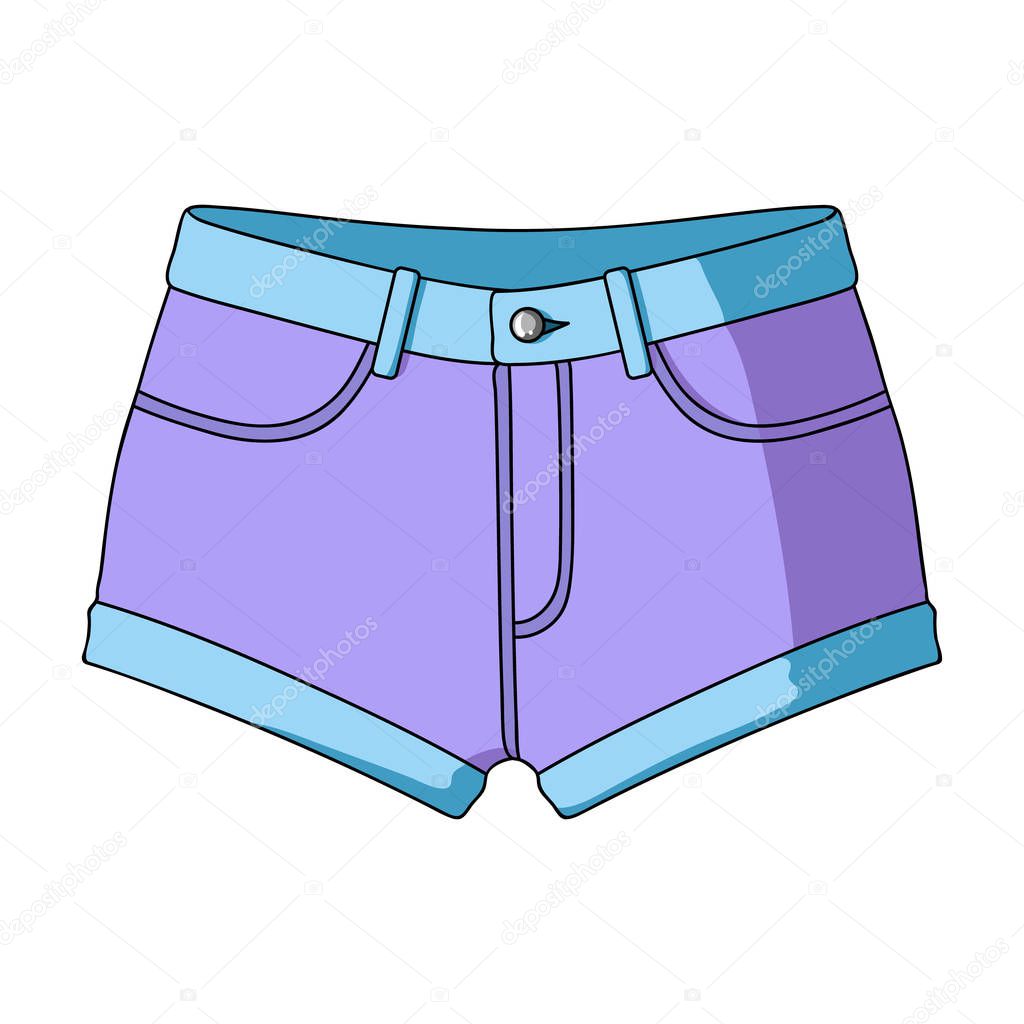 Short purple womens shorts with a blue rubber band. Shorts for sports in the summer on the street.Women clothing single icon in cartoon style vector symbol stock web illustration.