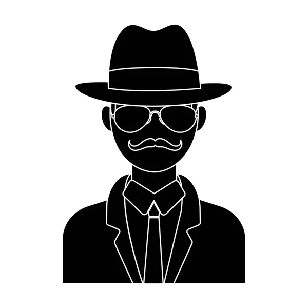 Homme en costume chapeau imperméable et lunettes. Le détective undercover.Detective icône unique en blake style vectoriel symbole illustration stock . — Image vectorielle