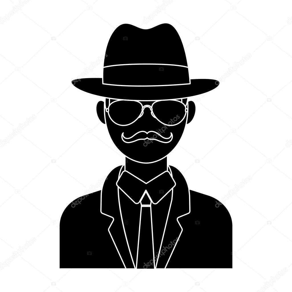 Man in hat suit raincoat and glasses. The detective undercover.Detective single icon in blake style vector symbol stock illustration.