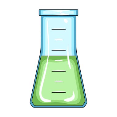 Volumetric flask sıvı ile. Tıp tek kutsal kişilerin resmi içinde karikatür tarzı vektör simge stok çizim web.
