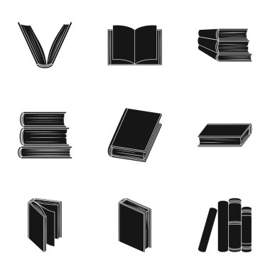 Bir dizi fotoğraf kitap ile. Kitap, defter, çalışmalar. Kitaplar simge siyah stil vektör simge stok çizim üzerinde set koleksiyonu.