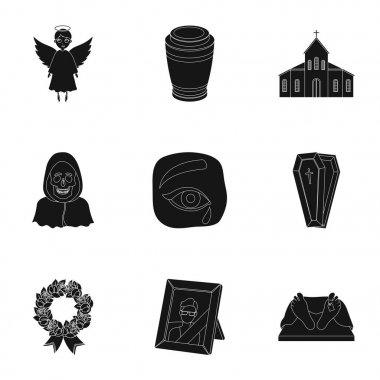 Cenaze töreni, mezarlık, tabut, rahip. Cenaze töreni simge siyah stil vektör simge stok çizim üzerinde set koleksiyonu.
