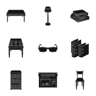 Kitaplarla simgeler kümesi. Kütüphane, okuma, kitapçı Seth. Kütüphane ve kitabevi simge siyah stil vektör simge stok çizim üzerinde küme koleksiyon içinde.