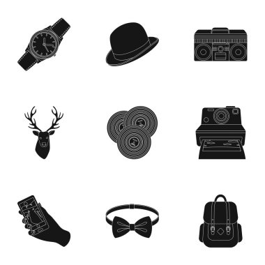 Simgeleri bir hippi tarzı hakkında bir dizi. Bir tuhaf gençlik stili. Hipster Stil simge siyah stil vektör simge stok çizim üzerinde küme koleksiyon içinde.