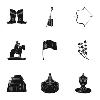 Moğol Ulusal özellikleri. Icons set Mongolia.Clothing, askerler, ekipman hakkında. Moğolistan simge siyah stil vektör simge stok çizim üzerinde set koleksiyonu.