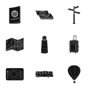 Geri kalan konulu simgeler kümesi. Yurtdışında seyahat. Geri kalan ang seyahat simge siyah stil vektör simge stok çizim üzerinde set koleksiyonu.