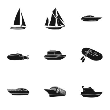 Deniz ulaşımı, tekneler, gemiler. İnsanların, gök gürültülü ulaşım için. Gemi ve su taşıma simge siyah stil vektör simge stok çizim üzerinde set koleksiyonu.