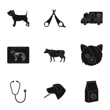 Veteriner Kliniği. Muamele-in hasta hayvan. Hastane hayvanlar için. Veteriner Kliniği simge siyah stil vektör simge stok çizim üzerinde set koleksiyonu.