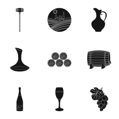 Şarap ürünleri. Büyüyen üzüm, şarap. Asma üretim simge siyah stil vektör simge stok çizim üzerinde set koleksiyonu.