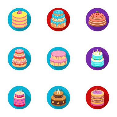 Kek için belgili tanımlık tatil. Bir dizi farklı tatlılar. Güzel dekore edilmiş Pastalar ve kekler. Düz stil vektör simge stok çizim üzerinde küme koleksiyon simgesinde kek.