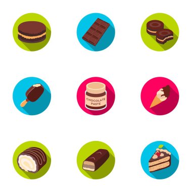 Çikolatalı tatlılar kümesi. Çikolata ürünleri insanlar için. Düz stil vektör simge stok çizim üzerinde küme koleksiyon simgesinde çikolata tatlılar.