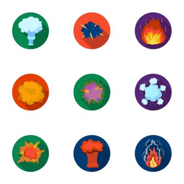 Simgeleri patlama hakkında bir dizi. Çeşitli patlamalar, duman ve ateş bulutu. Düz stil vektör simge stok çizim üzerinde küme koleksiyon simgesinde patlamalar.