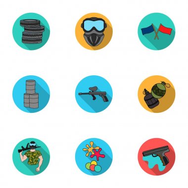 Resimler hakkında paintball oyun topluluğu. Boya balonlarla. Düz stil vektör simge stok çizim üzerinde küme koleksiyon simgesinde paintball.
