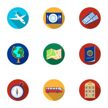 Geri kalan konulu simgeler kümesi. Yurtdışında seyahat. Düz stil vektör simge stok çizim üzerinde küme koleksiyon içindeki geri kalan ang seyahat simgesini.