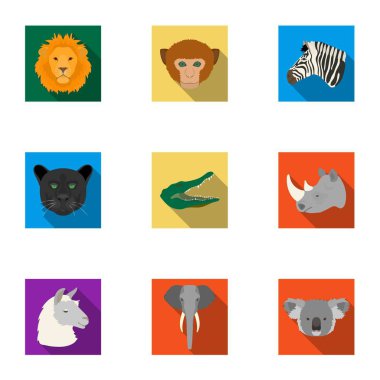 Vahşi hayvanların simgeler kümesi. Yırtıcı ve huzurlu vahşi hayvanlar. Gerçekçi hayvan kutsal kişilerin resmi içinde düz stil vektör simge stok çizim üzerinde küme koleksiyon.