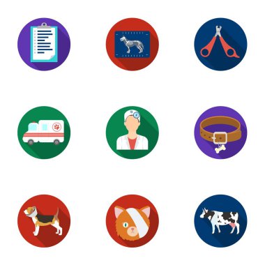 Veteriner Kliniği. Muamele-in hasta hayvan. Hastane hayvanlar için. Veteriner Kliniği simgesinde düz stil vektör simge stok çizim üzerinde küme koleksiyon.