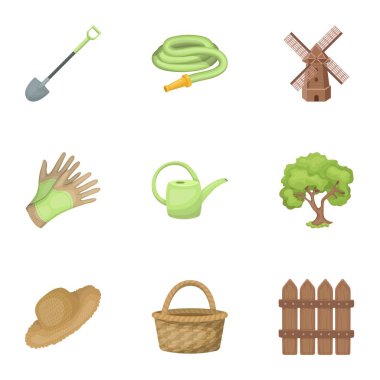 Resimleri Bahçe hakkında set. Köy, sebze Bahçe, Bahçe, ekoloji. Çiftlik ve Bahçe kutsal kişilerin resmi karikatür tarzı üzerinde küme koleksiyon içinde sembol stok illüstrasyon vektör.