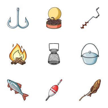 Yaz ve kış balıkçılık, Balık tutma, Açık Rekreasyon, balık. Kutsal kişilerin resmi çizgi film tarzı vektör simge stok çizim üzerinde küme koleksiyon içinde Balık tutma.